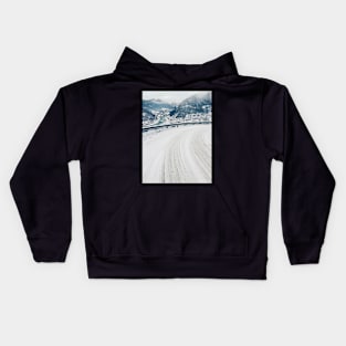 Wintertime in Norway - View on White Valley From Snow-Covered Mountain Road Kids Hoodie